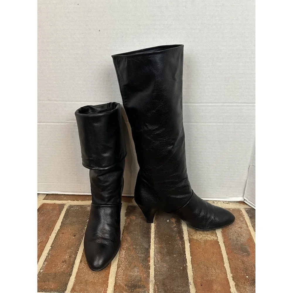 Vintage 80s Joyce Black Leather Boots Mid-Heel Fold Over Knee High Women's 6